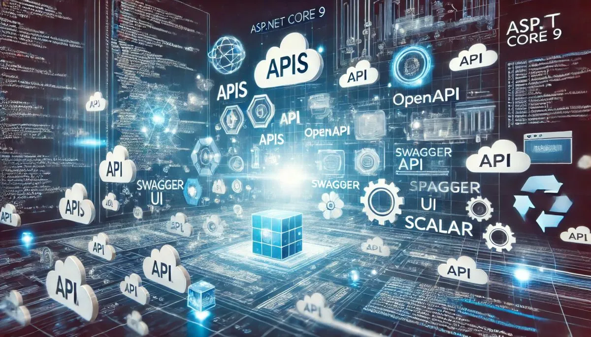 A conceptual and abstract wide banner image representing modern API development in ASP.NET Core 9