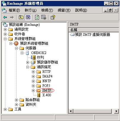 點開 系統管理群組 > 預設系統管理群組 > 伺服器 > [Your Name] > 通訊協定 > SMTP