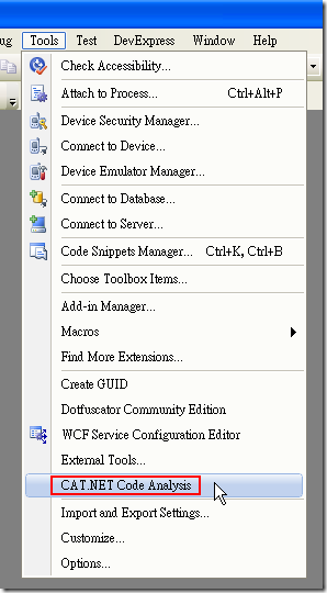 先用 Visual Studio 開啟開發中的專案，然後從選單 Tools –> CAT.NET Code Analysis 開啟工具視窗