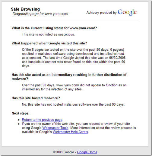 Google Safe Browsing Diagnostic Result