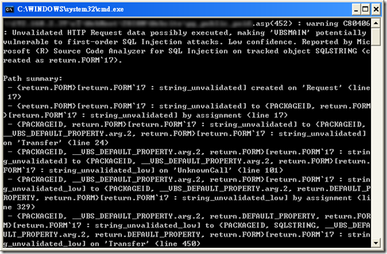 Microsoft Source Code Analyzer for SQL Injection 執行畫面